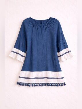 Indigo Soul Blue Boho Tunic Top 3X Tassel Hem Peasant Blouse